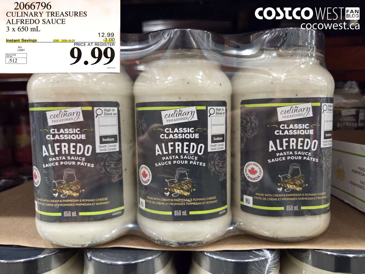 2066796 CULINARY TREASURES ALFREDO SAUCE 3 X 650 ML ($3.00 INSTANT SAVINGS EXPIRES ON 2026-10-25) $9.99