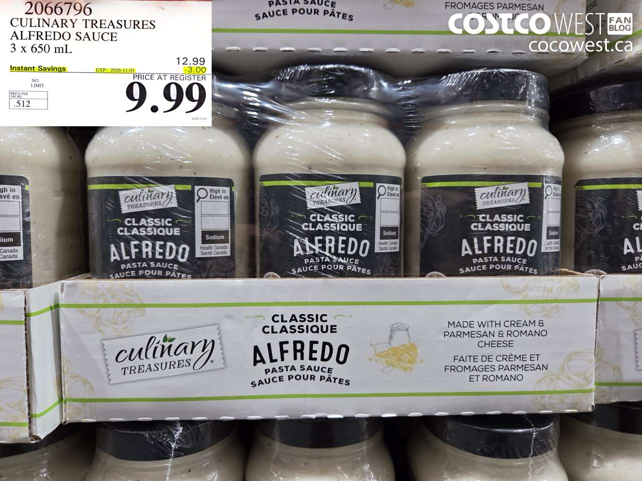 2066796 CULINARY TREASURES ALFREDO SAUCE 3 X 650 ML ($3.00 INSTANT SAVINGS EXPIRES ON 2026-11-01) $9.99