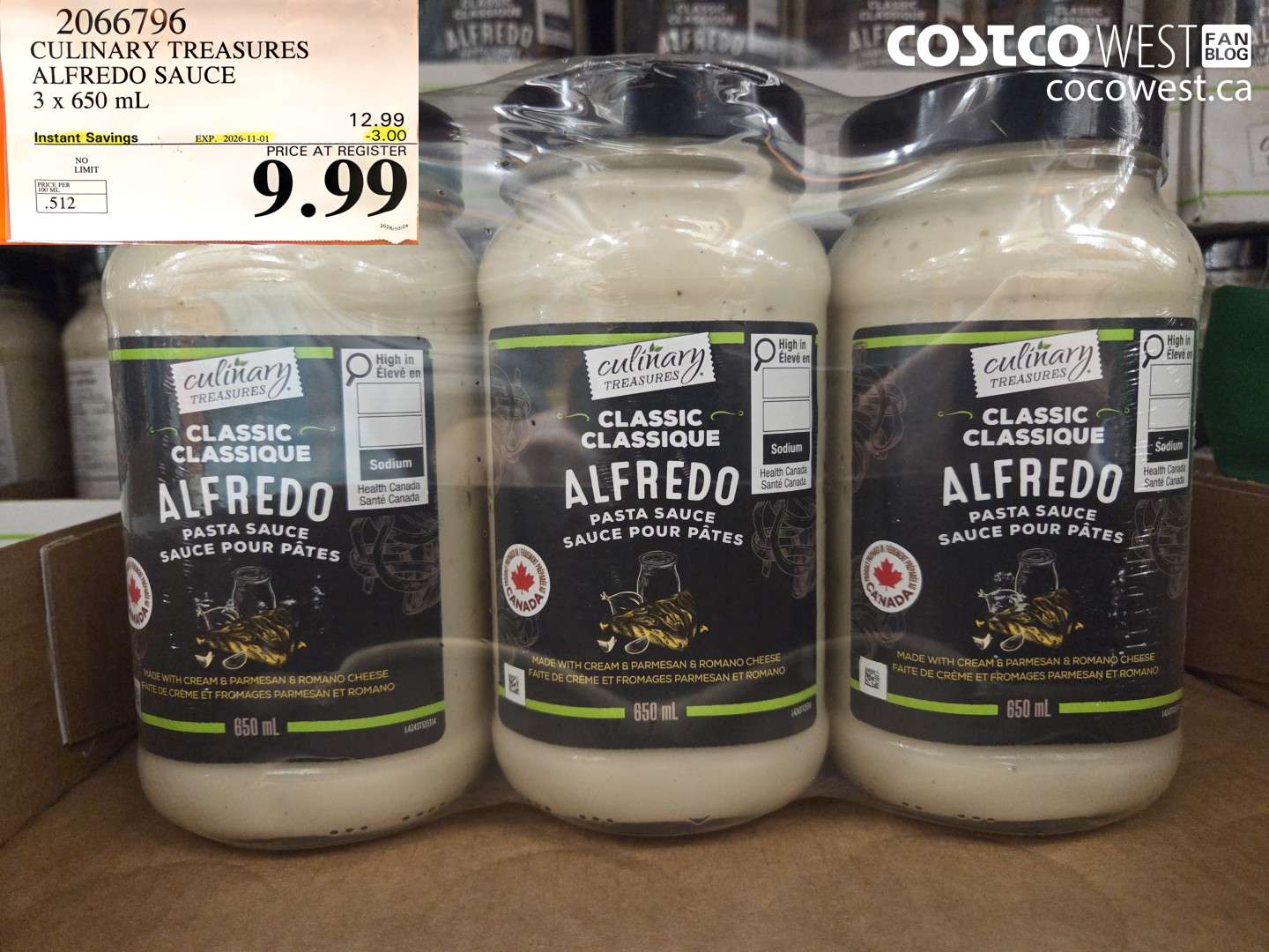 2066796 CULINARY TREASURES ALFREDO SAUCE 3 X 650 ML ($3.00 INSTANT SAVINGS EXPIRES ON 2026-11-01) $9.99