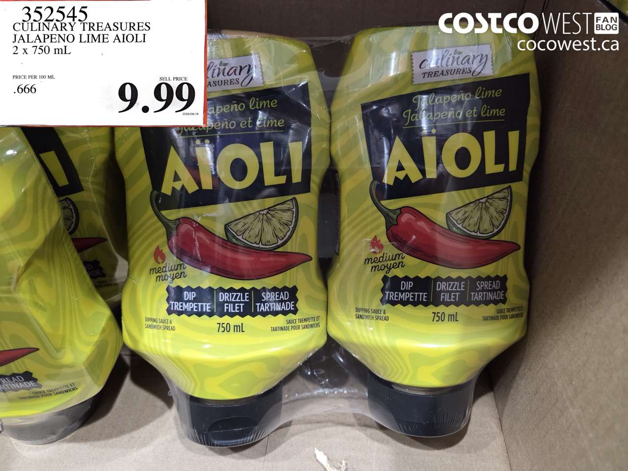 352545 CULINARY TREASURES JALAPENO LIME AIOLI 2 X 750 ML $9.99
