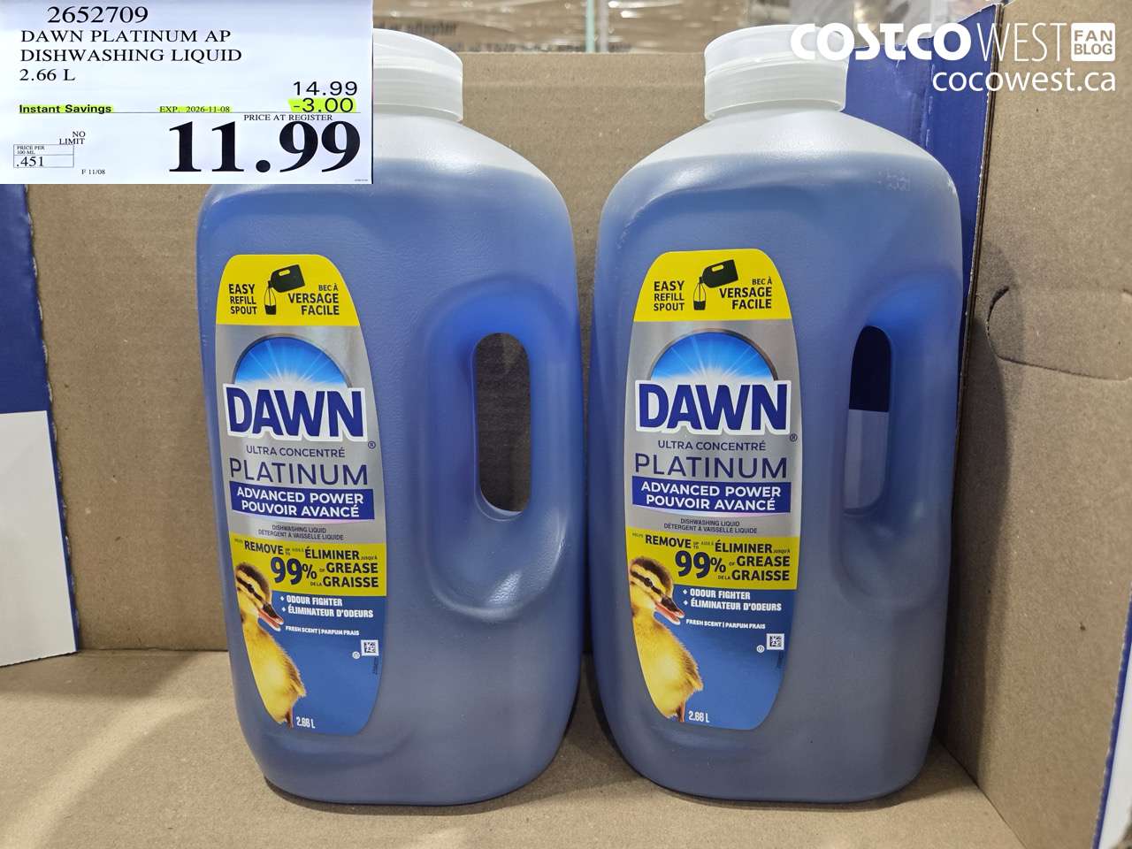 2652709 DAWN PLATINUM AP DISHWASHING LIQUID 2.66 L ($3.00 INSTANT SAVINGS EXPIRES ON 2026-11-08) $11.99