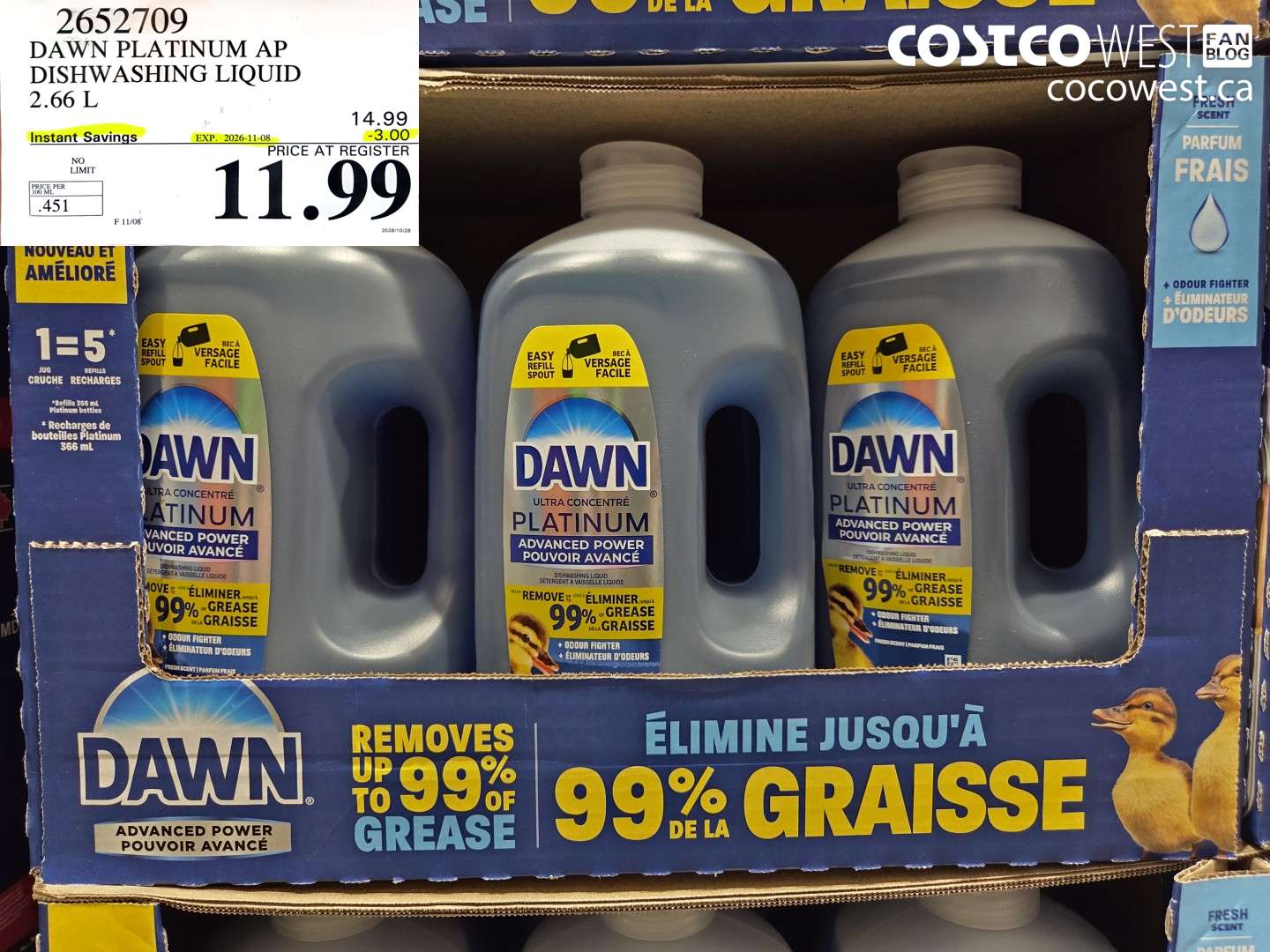 2652709 DAWN PLATINUM AP DISHWASHING LIQUID 2.66 L ($3.00 INSTANT SAVINGS EXPIRES ON 2026-11-08) $11.99