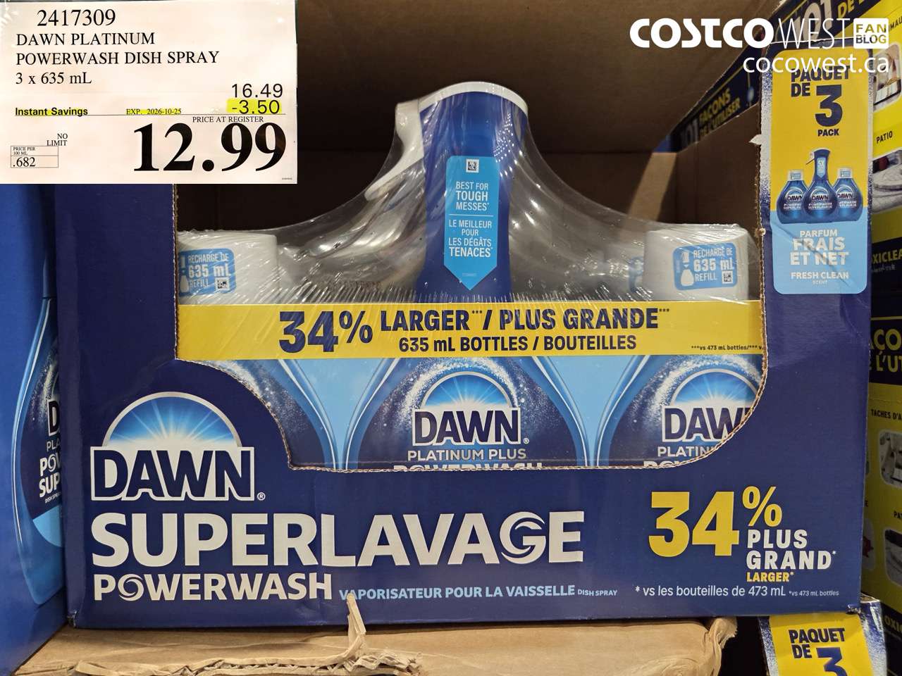 2417309 DAWN PLATINUM POWERWASH DISH SPRAY 3 X 635 ML ($3.50 INSTANT SAVINGS EXPIRES ON 2026-10-25) $12.99