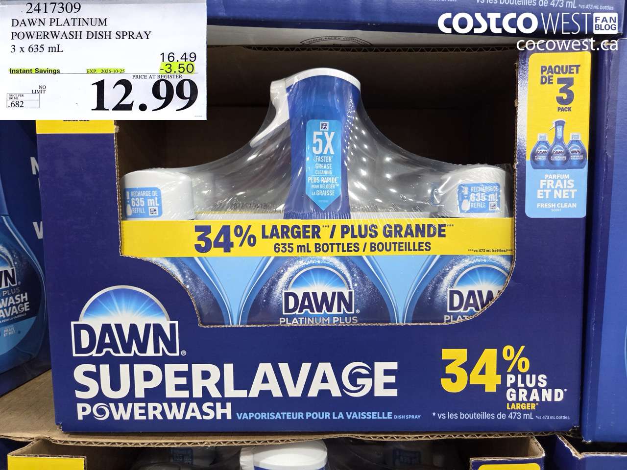 2417309 DAWN PLATINUM POWERWASH DISH SPRAY 3 X 635 ML ($3.50 INSTANT SAVINGS EXPIRES ON 2026-10-25) $12.99