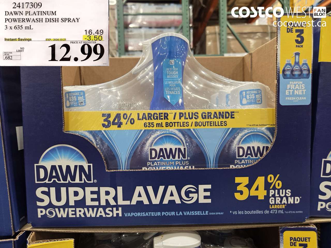 2417309 DAWN PLATINUM POWERWASH DISH SPRAY 3 X 635 ML ($3.50 INSTANT SAVINGS EXPIRES ON 2026-10-25) $12.99