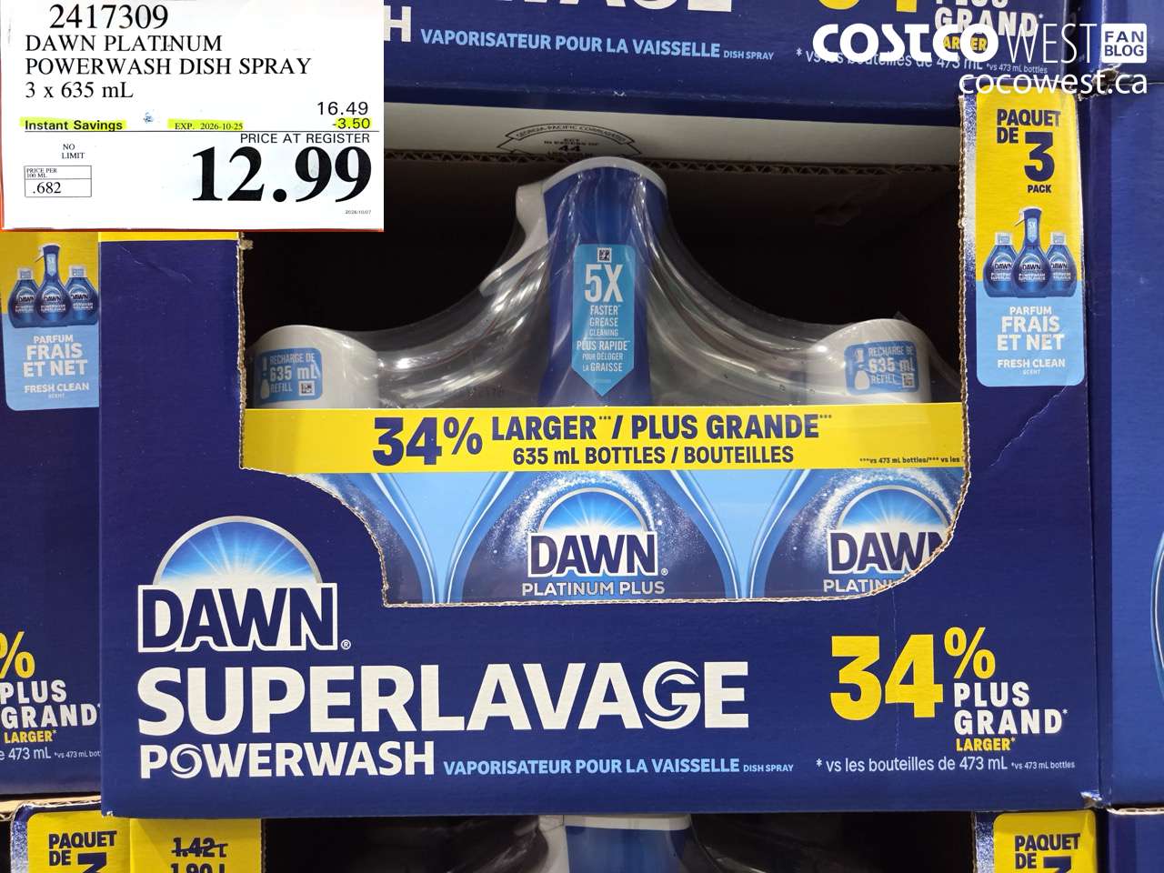 2417309 DAWN PLATINUM POWERWASH DISH SPRAY 3 X 635 ML ($3.50 INSTANT SAVINGS EXPIRES ON 2026-10-25) $12.99