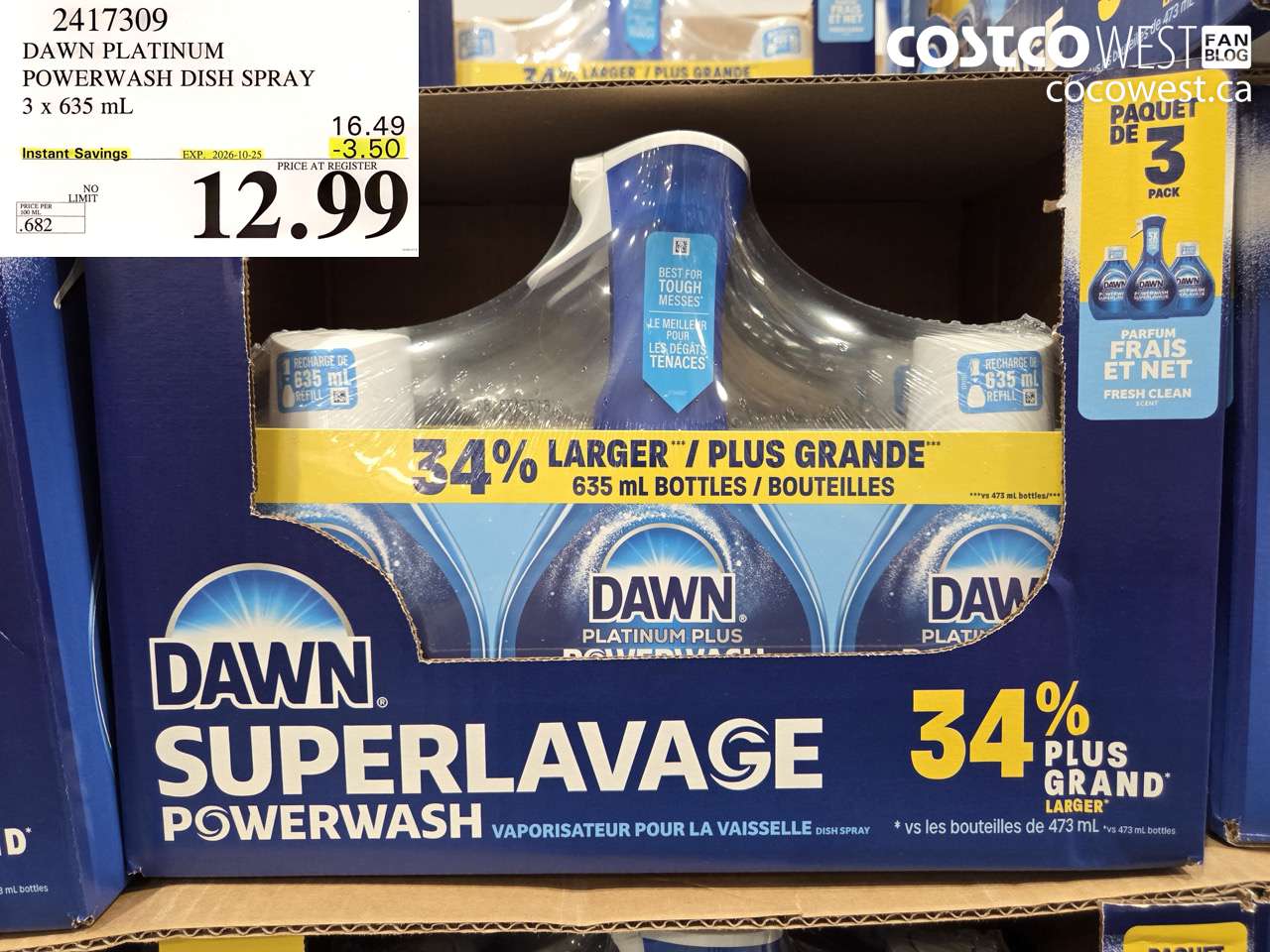 2417309 DAWN PLATINUM POWERWASH DISH SPRAY 3 X 635 ML ($3.50 INSTANT SAVINGS EXPIRES ON 2026-10-25) $12.99