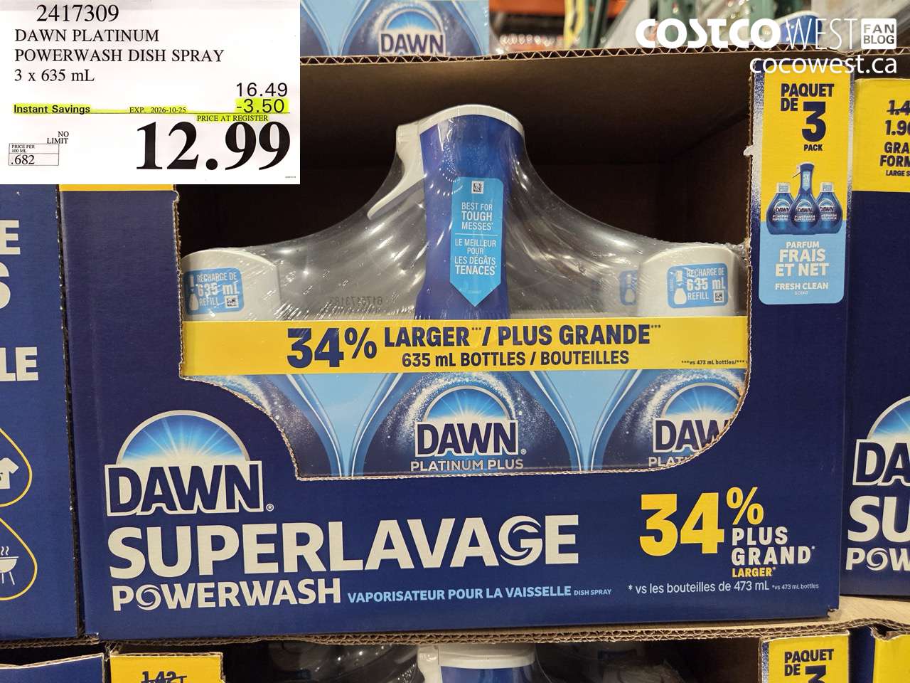 2417309 DAWN PLATINUM POWERWASH DISH SPRAY 3 X 635 ML ($3.50 INSTANT SAVINGS EXPIRES ON 2026-10-25) $12.99