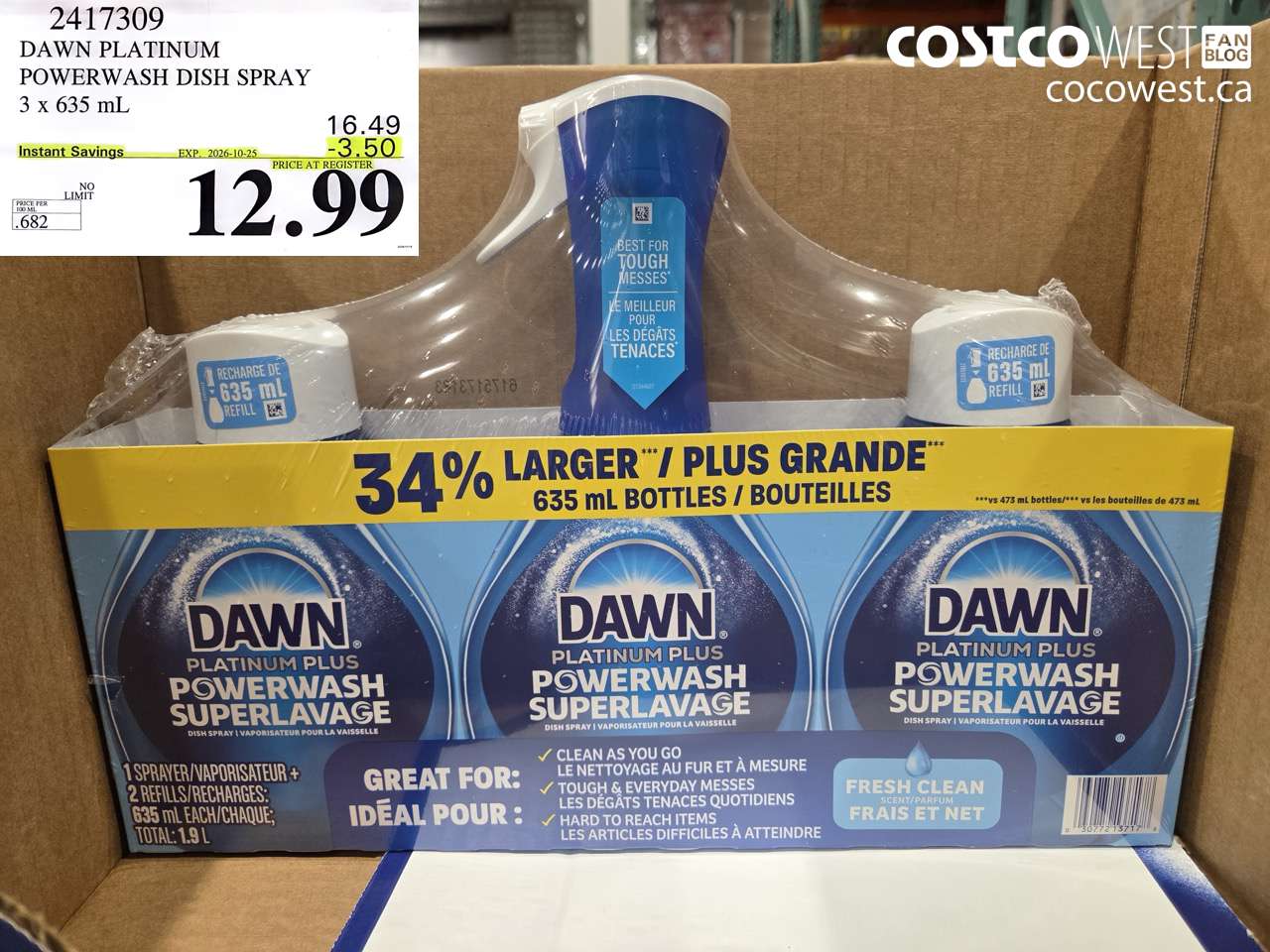 2417309 DAWN PLATINUM POWERWASH DISH SPRAY 3 X 635 ML ($3.50 INSTANT SAVINGS EXPIRES ON 2026-10-25) $12.99