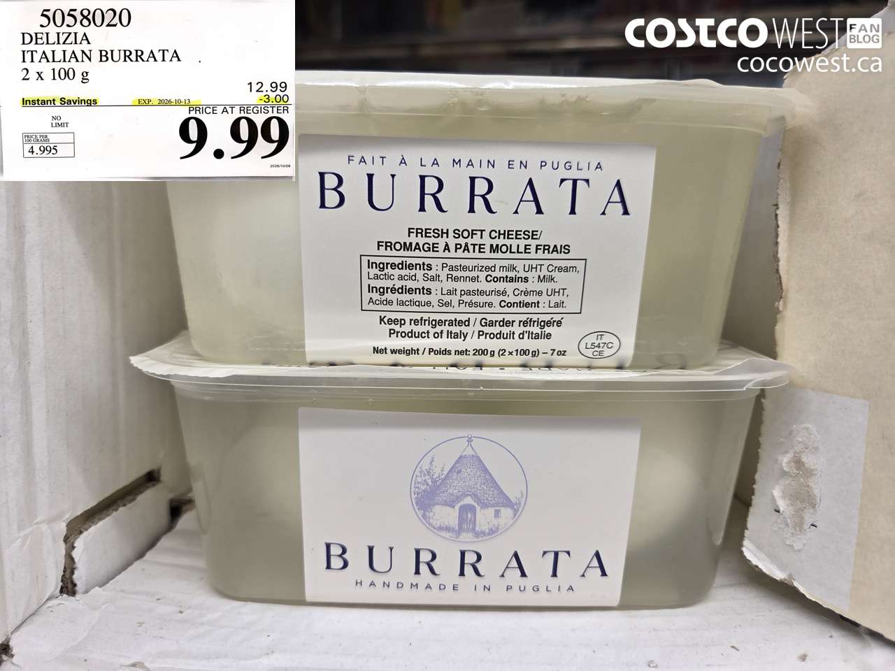 5058020 DELIZIA ITALIAN BURRATA 2 X 100 G ($3.00 INSTANT SAVINGS EXPIRES ON 2026-10-13) $9.99