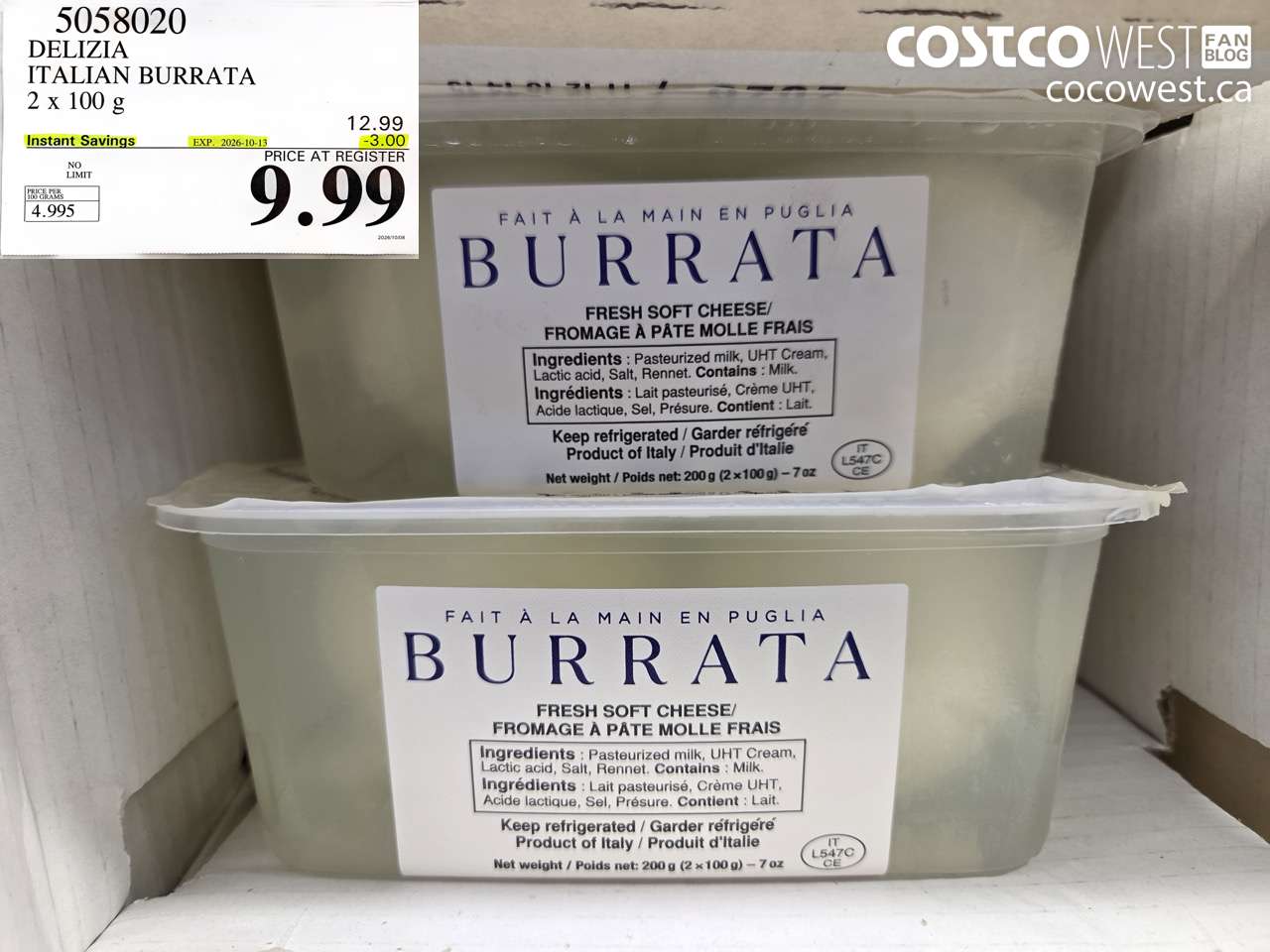 5058020 DELIZIA ITALIAN BURRATA 2 X 100 G ($3.00 INSTANT SAVINGS EXPIRES ON 2026-10-13) $9.99