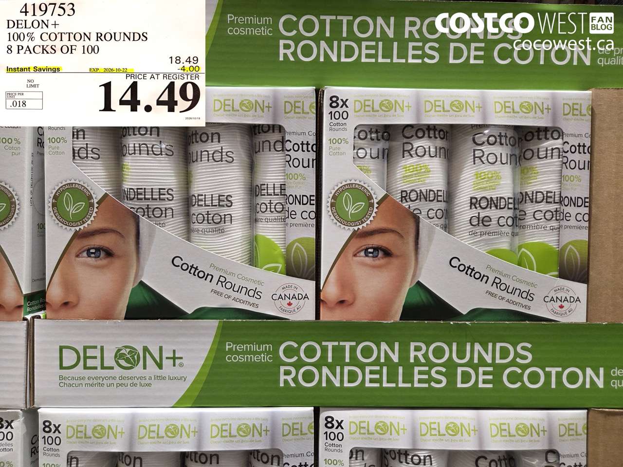 419753 DELON+ 100% COTTON ROUNDS 8 PACKS OF 100 ($4.00 INSTANT SAVINGS EXPIRES ON 2026-10-22) $14.49