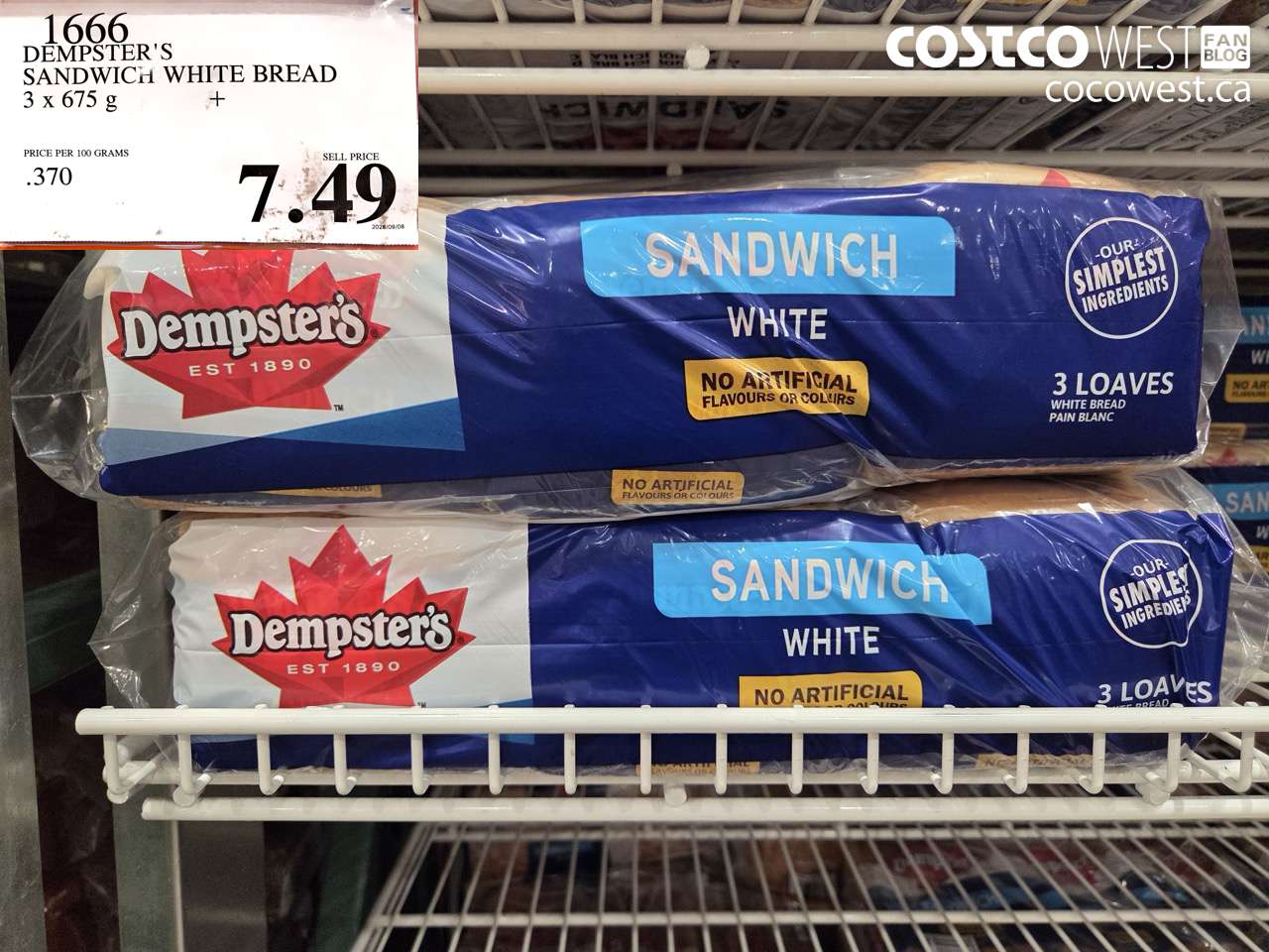 1666 DEMPSTER'S SANDWICH WHITE BREAD 3 X 675 G $7.49