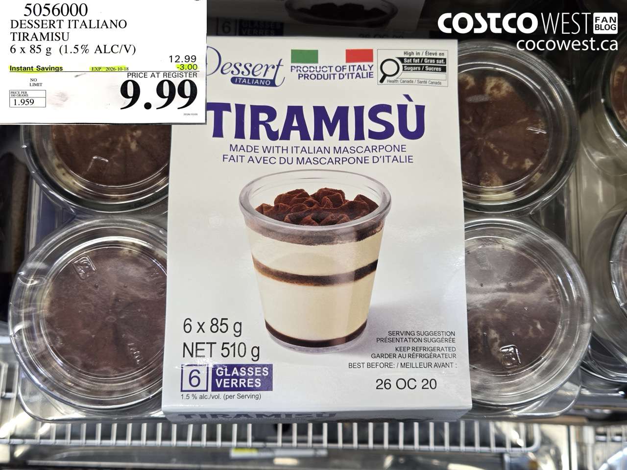 5056000 DESSERT ITALIANO TIRAMISU 6 X 85 G (1.5% ALC/V) ($3.00 INSTANT SAVINGS EXPIRES ON 2026-10-18) $9.99