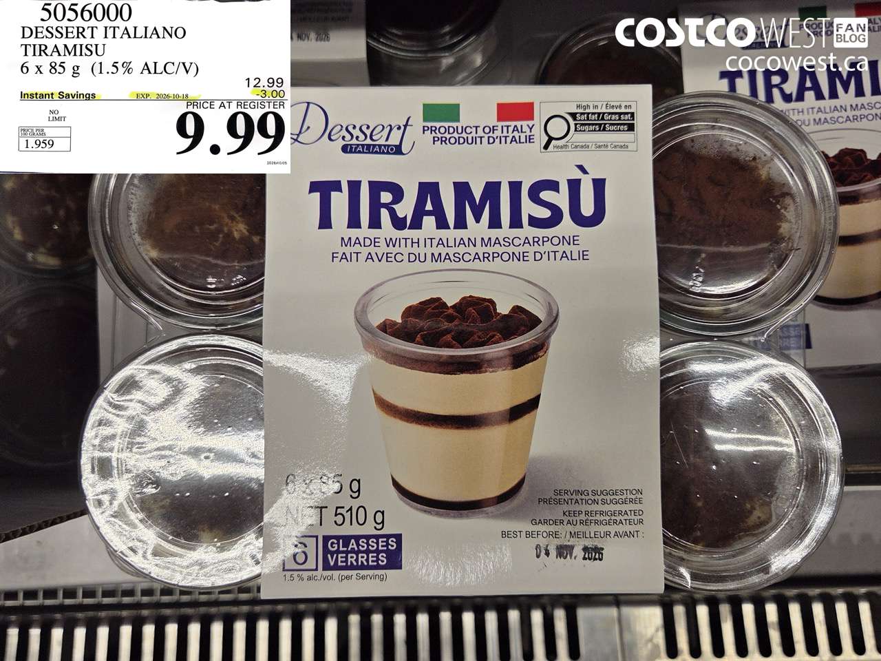 5056000 DESSERT ITALIANO TIRAMISU 6 X 85 G (1.5% ALC/V) ($3.00 INSTANT SAVINGS EXPIRES ON 2026-10-18) $9.99