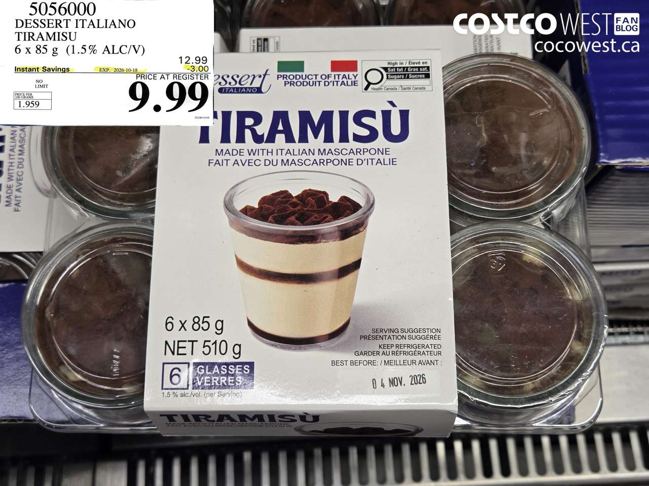 5056000 DESSERT ITALIANO TIRAMISU 6 X 85 G (1.5% ALC/V) ($3.00 INSTANT SAVINGS EXPIRES ON 2026-10-18) $9.99