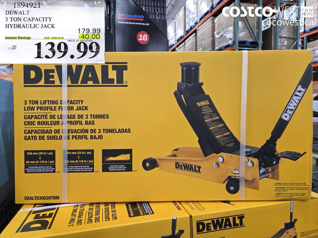 1894921 DEWALT 3 TON CAPACITY HYDRAULIC JACK ($40.00 INSTANT SAVINGS EXPIRES ON 2026-10-25) $139.99