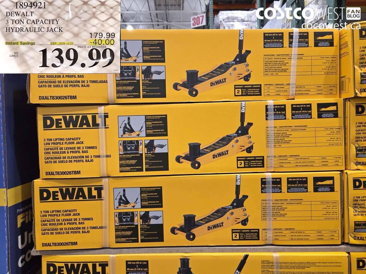 1894921 DEWALT 3 TON CAPACITY HYDRAULIC JACK ($40.00 INSTANT SAVINGS EXPIRES ON 2026-10-25) $139.99