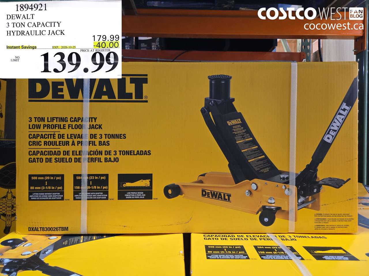 1894921 DEWALT 3 TON CAPACITY HYDRAULIC JACK ($40.00 INSTANT SAVINGS EXPIRES ON 2026-10-25) $139.99