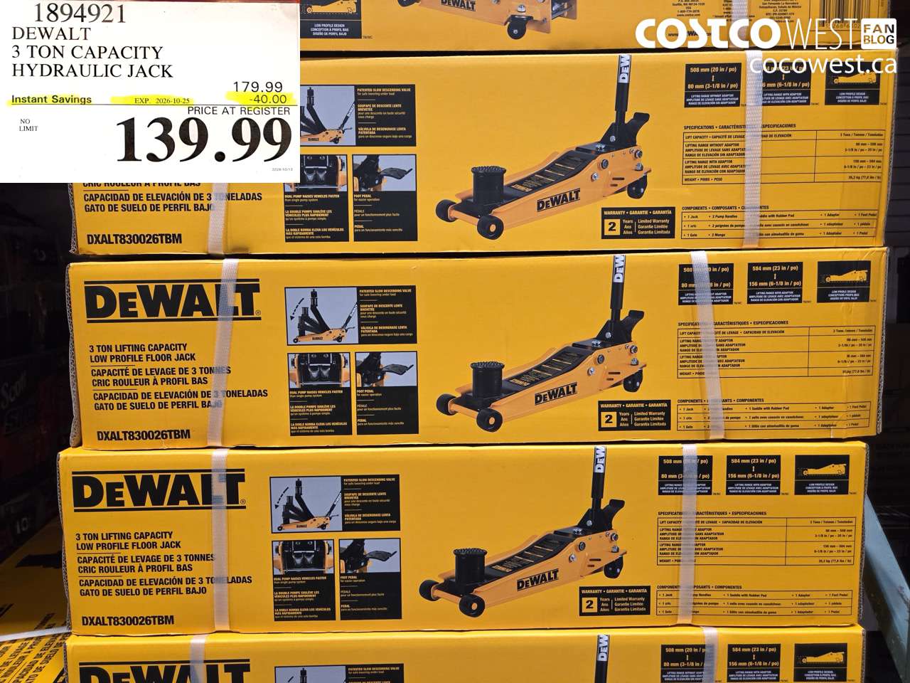 1894921 DEWALT 3 TON CAPACITY HYDRAULIC JACK ($40.00 INSTANT SAVINGS EXPIRES ON 2026-10-25) $139.99