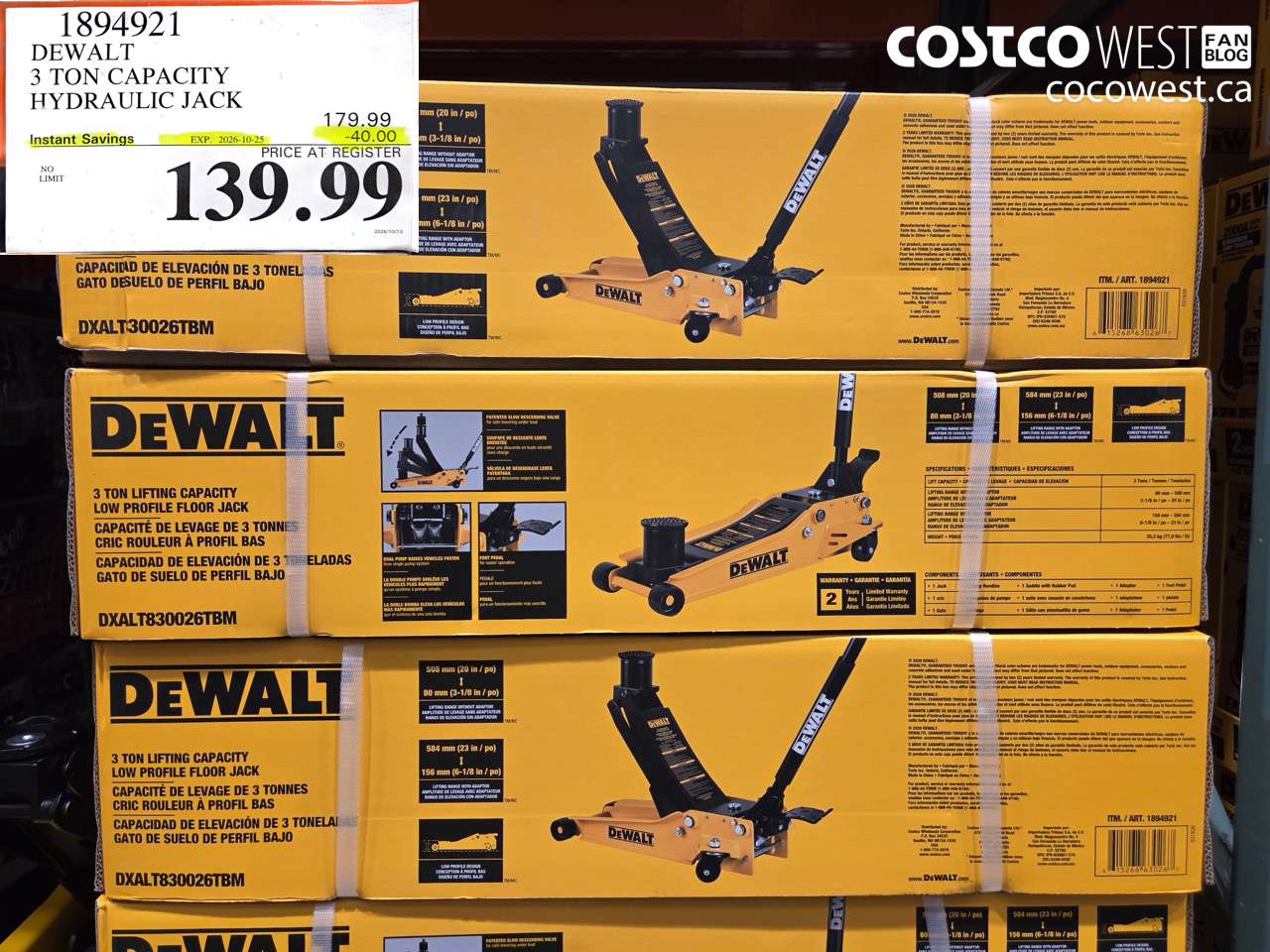 1894921 DEWALT 3 TON CAPACITY HYDRAULIC JACK ($40.00 INSTANT SAVINGS EXPIRES ON 2026-10-25) $139.99
