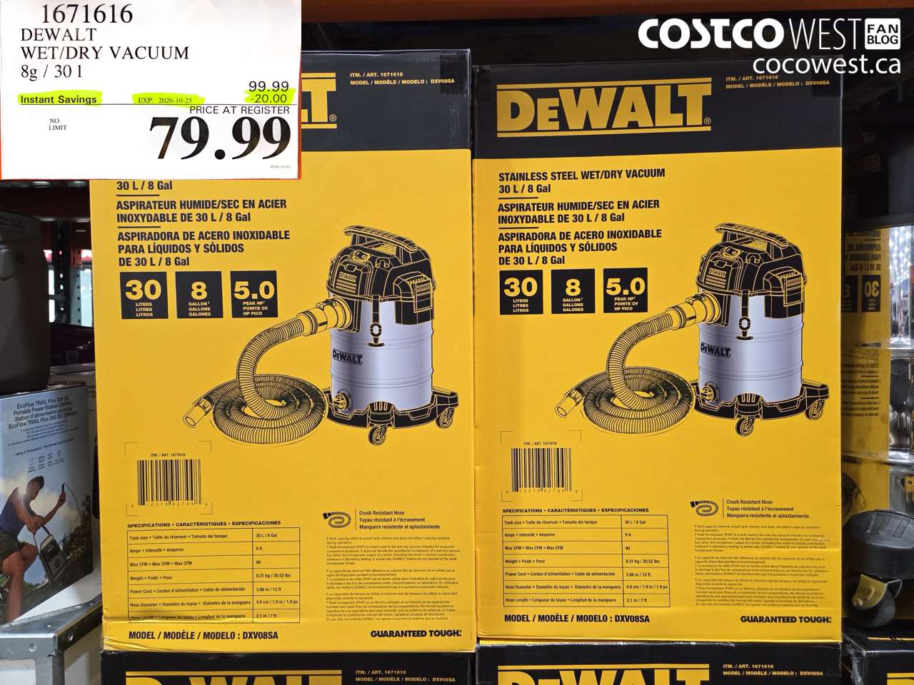 1671616 DEWALT WET/DRY VACUUM 8G / 30L ($20.00 INSTANT SAVINGS EXPIRES ON 2026-10-25) $79.99