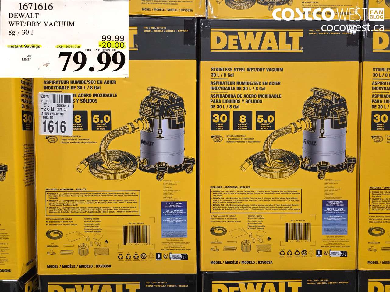 1671616 DEWALT WET/DRY VACUUM 8G / 30 L ($20.00 INSTANT SAVINGS EXPIRES ON 2026-10-25) $79.99
