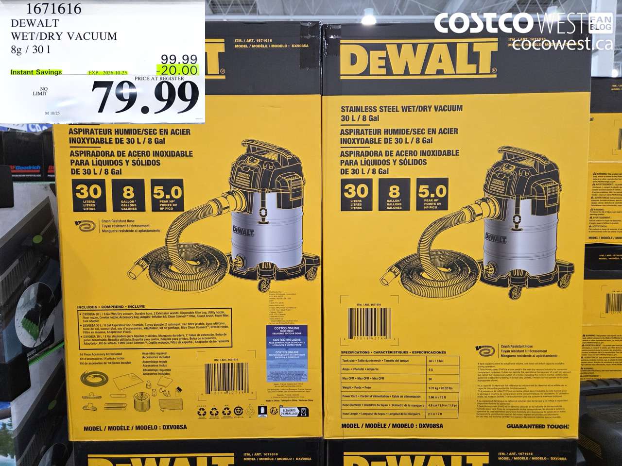 1671616 DEWALT WET/DRY VACUUM 8G / 30 L ($20.00 INSTANT SAVINGS EXPIRES ON 2026-10-25) $79.99