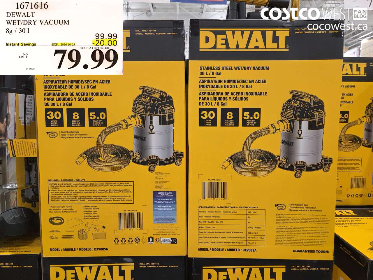 1671616 DEWALT WET/DRY VACUUM 8G / 30 L ($20.00 INSTANT SAVINGS EXPIRES ON 2026-10-25) $79.99