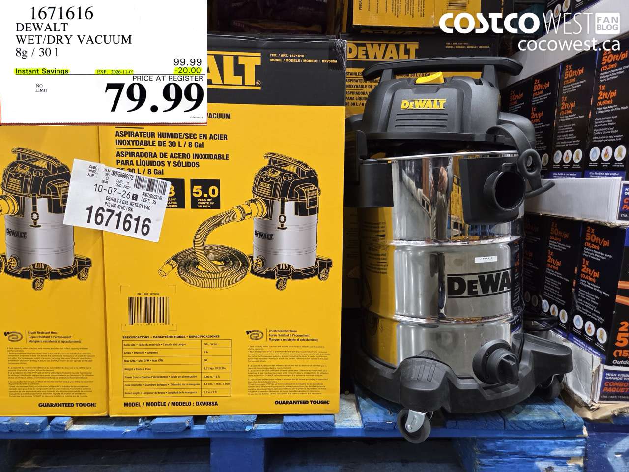 1671616 DEWALT WET/DRY VACUUM 8G / 30 L ($20.00 INSTANT SAVINGS EXPIRES ON 2026-11-01) $79.99