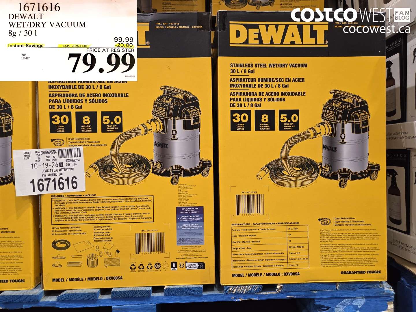 1671616 DEWALT WET/DRY VACUUM 8G / 30 L ($20.00 INSTANT SAVINGS EXPIRES ON 2026-11-01) $79.99