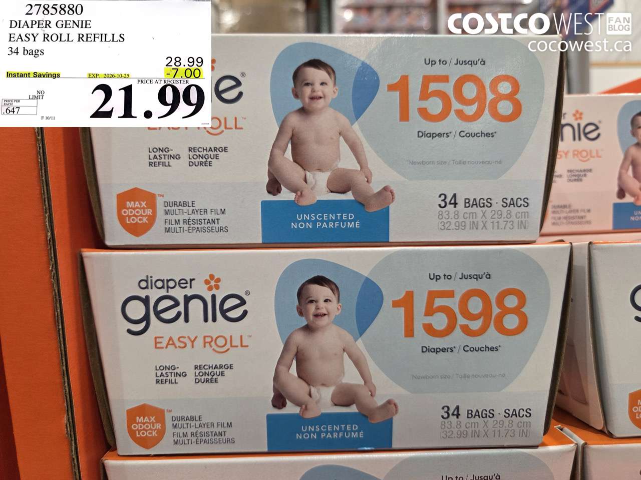 2785880 DIAPER GENIE EASY ROLL REFILLS 34 BAGS ($7.00 INSTANT SAVINGS EXPIRES ON 2026-10-25) $21.99