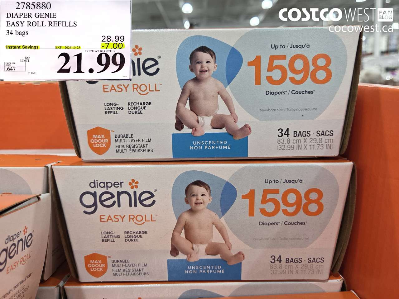 2785880 DIAPER GENIE EASY ROLL REFILLS 34 BAGS ($7.00 INSTANT SAVINGS EXPIRES ON 2026-10-25) $21.99