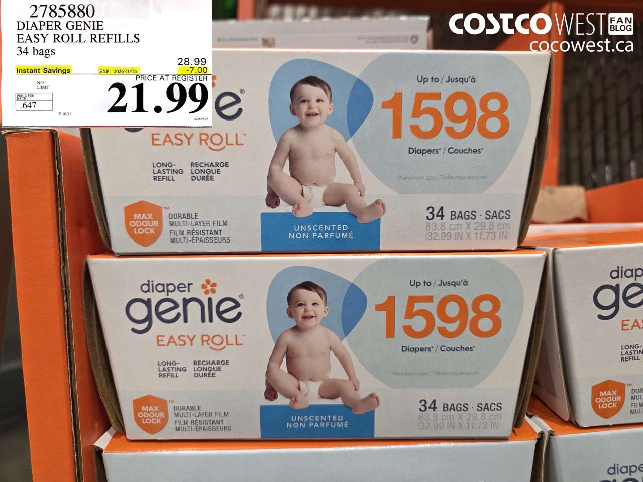 2785880 DIAPER GENIE EASY ROLL REFILLS 34 BAGS ($7.00 INSTANT SAVINGS EXPIRES ON 2026-10-25) $21.99