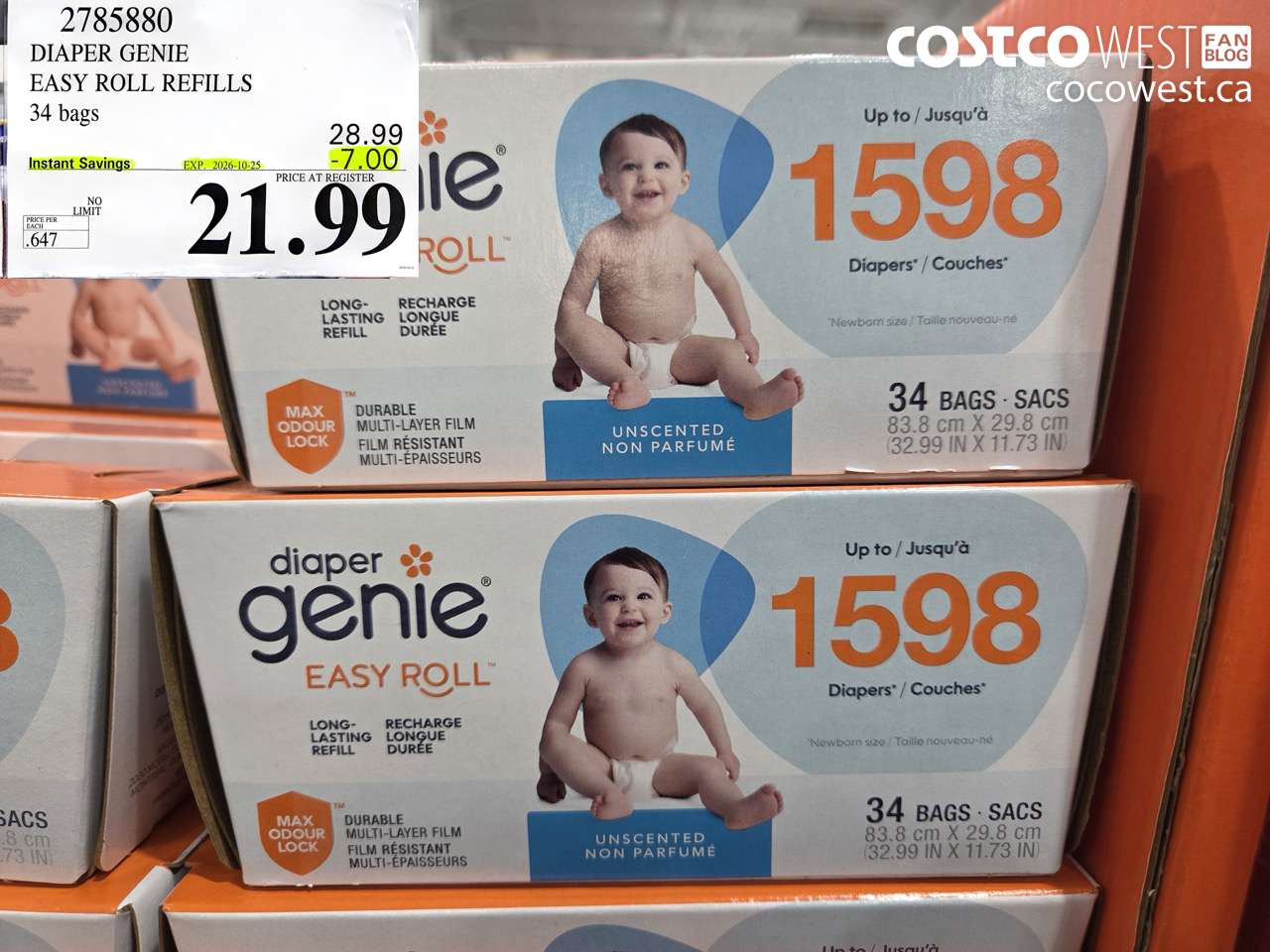 2785880 DIAPER GENIE EASY ROLL REFILLS 34 BAGS ($7.00 INSTANT SAVINGS EXPIRES ON 2026-10-25) $21.99