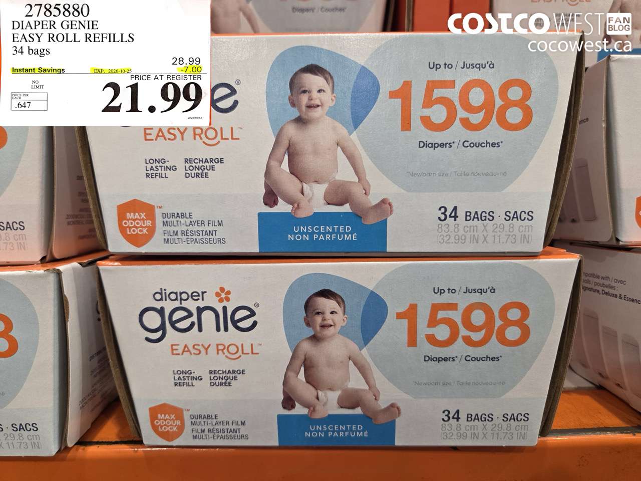 2785880 DIAPER GENIE EASY ROLL REFILLS 34 BAGS ($7.00 INSTANT SAVINGS EXPIRES ON 2026-10-25) $21.99