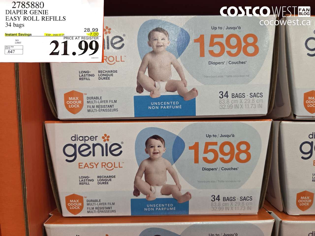 2785880 DIAPER GENIE EASY ROLL REFILLS 34 BAGS ($7.00 INSTANT SAVINGS EXPIRES ON 2026-10-25) $21.99
