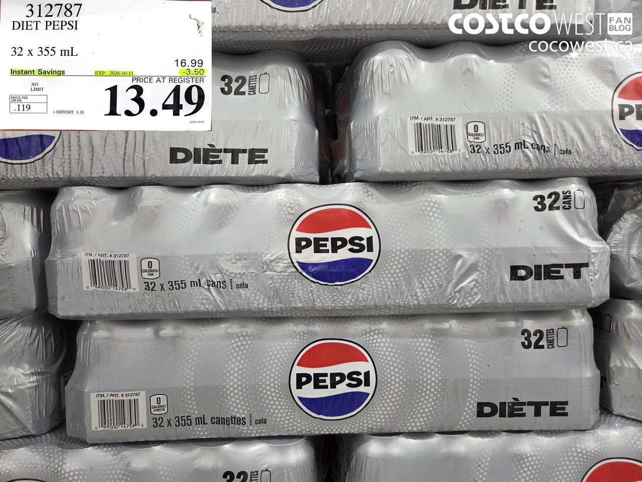 312787 DIET PEPSI 32 X 355 ML ($3.50 INSTANT SAVINGS EXPIRES ON 2026-10-11) $13.49
