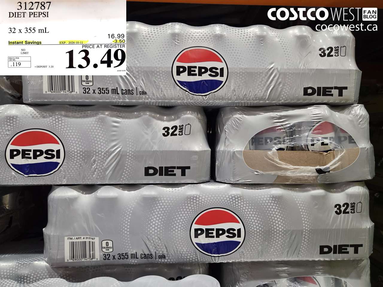 312787 DIET PEPSI 32 X 355 ML ($3.50 INSTANT SAVINGS EXPIRES ON 2026-10-11) $13.49