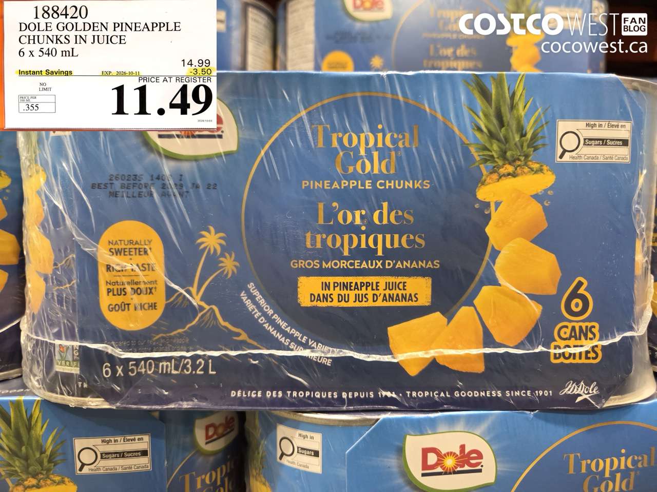 188420 DOLE GOLDEN PINEAPPLE CHUNKS IN JUICE 6 X 540 ML ($3.50 INSTANT SAVINGS EXPIRES ON 2026-10-11) $11.49