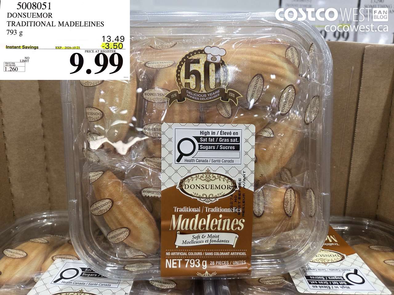 5008051 DONSUEMOR TRADITIONAL MADELEINES 793 G ($3.50 INSTANT SAVINGS EXPIRES ON 2026-10-23) $9.99