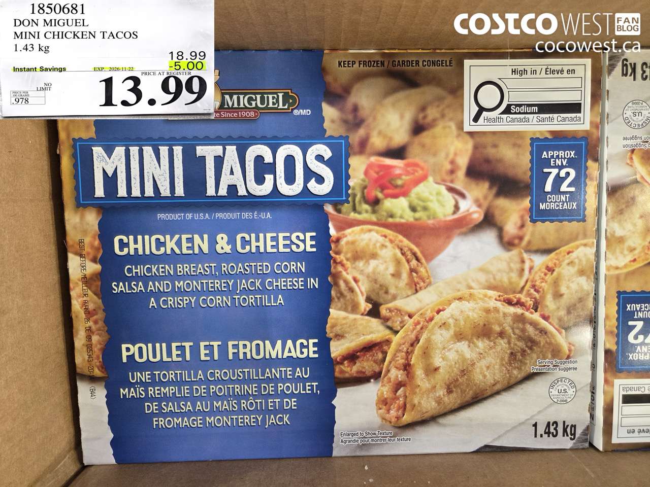1850681 DON MIGUEL MINI CHICKEN TACOS 1.43 KG ($5.00 INSTANT SAVINGS EXPIRES ON 2026-11-22) $13.99