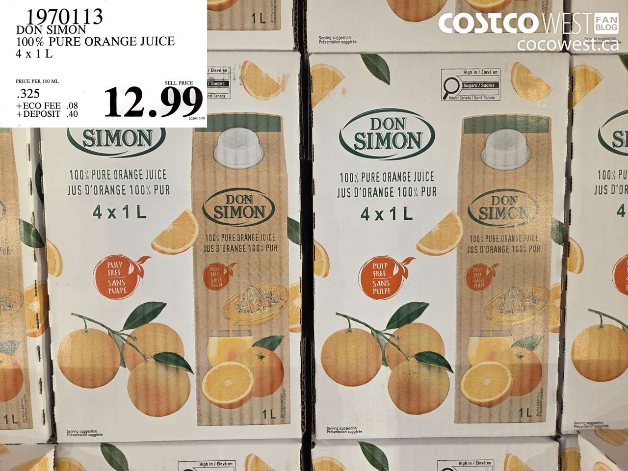 1970113 DON SIMON 100% PURE ORANGE JUICE 4 X 1 L $12.99