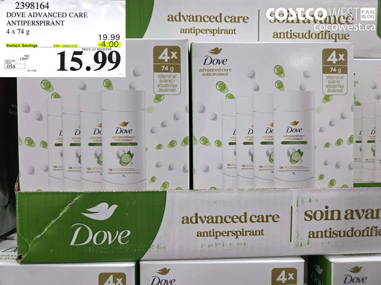 2398164 DOVE ADVANCED CARE ANTIPERSPIRANT 4 X 74 G ($4.00 INSTANT SAVINGS EXPIRES ON 2026-11-22) $15.99