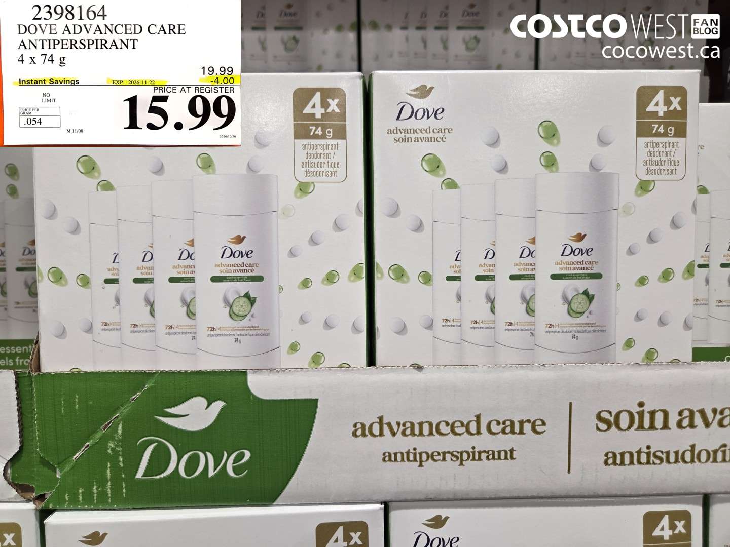2398164 DOVE ADVANCED CARE ANTIPERSPIRANT 4 X 74 G ($4.00 INSTANT SAVINGS EXPIRES ON 2026-11-22) $15.99