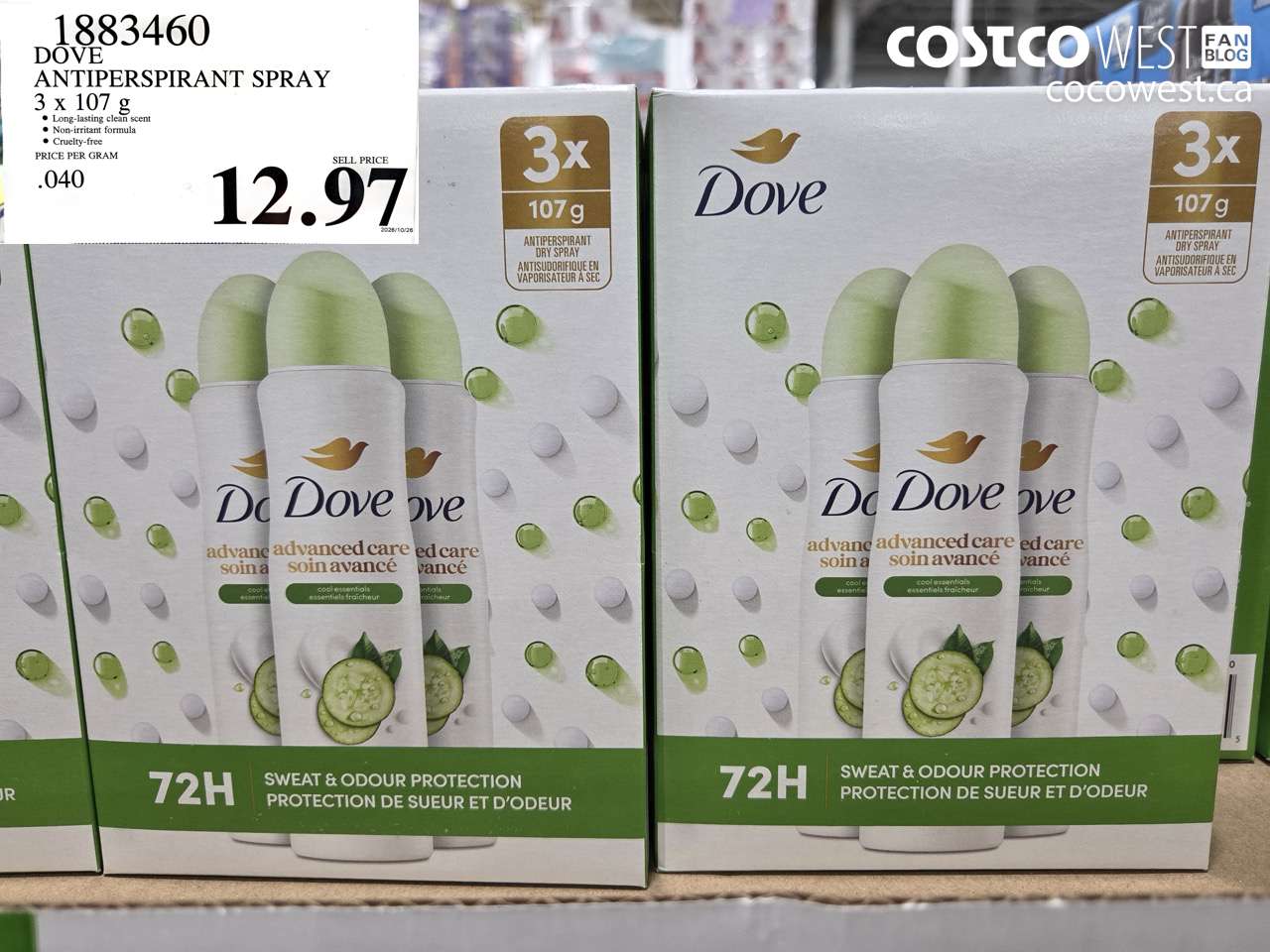 1883460 DOVE ANTIPERSPIRANT SPRAY 3 X 107 G $12.97