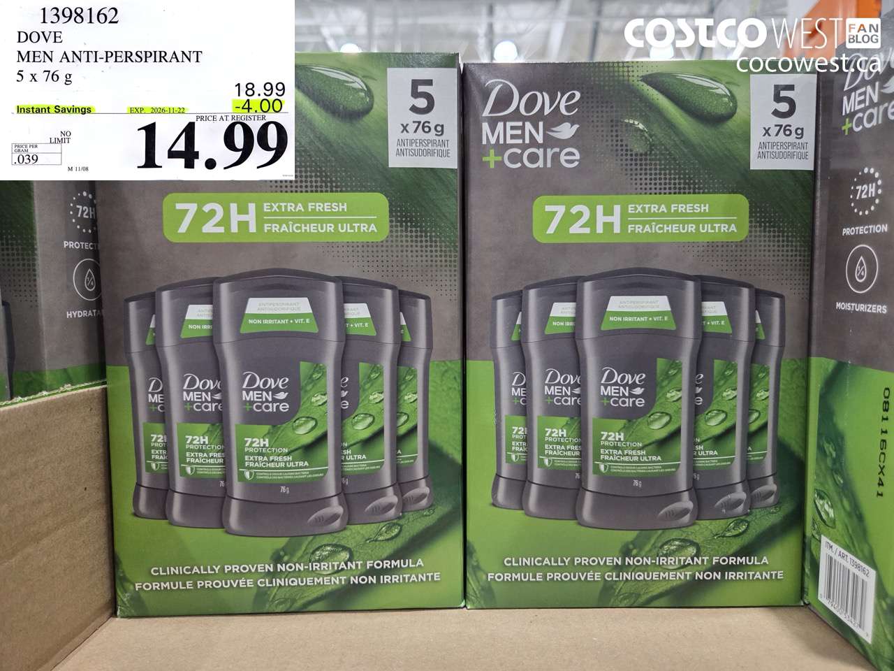 1398162 DOVE MEN ANTI-PERSPIRANT 5 X 76 G ($4.00 INSTANT SAVINGS EXPIRES ON 2026-11-22) $14.99