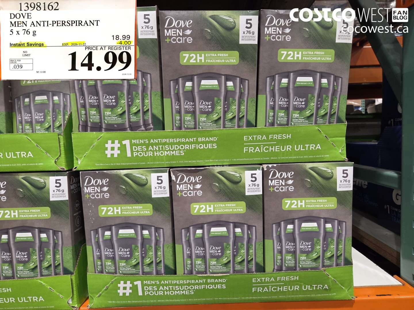 1398162 DOVE MEN ANTI-PERSPIRANT 5 X 76 G ($4.00 INSTANT SAVINGS EXPIRES ON 2026-11-22) $14.99