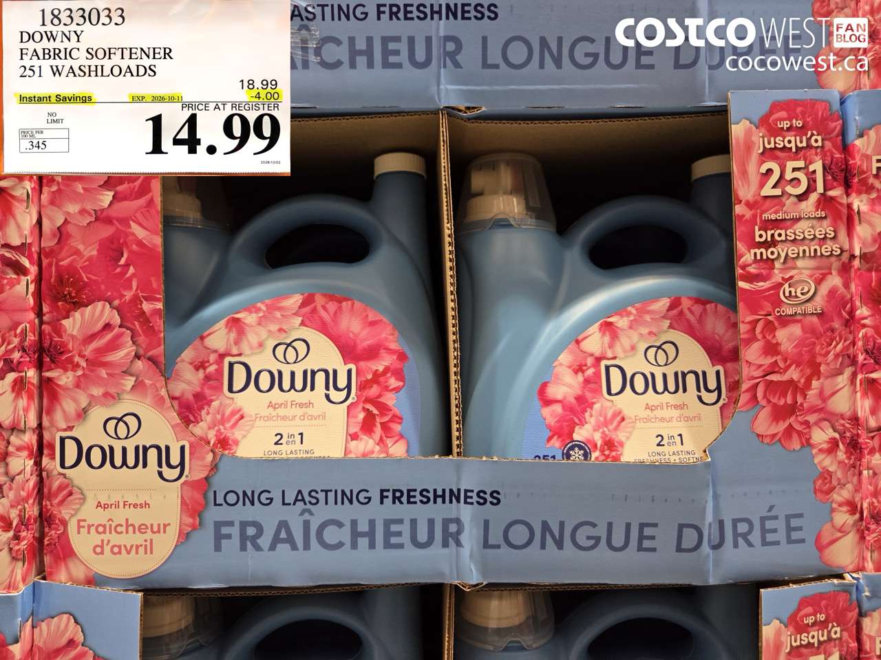 1833033 DOWNY FABRIC SOFTENER 251 WASHLOADS ($4.00 INSTANT SAVINGS EXPIRES ON 2026-10-11) $14.99