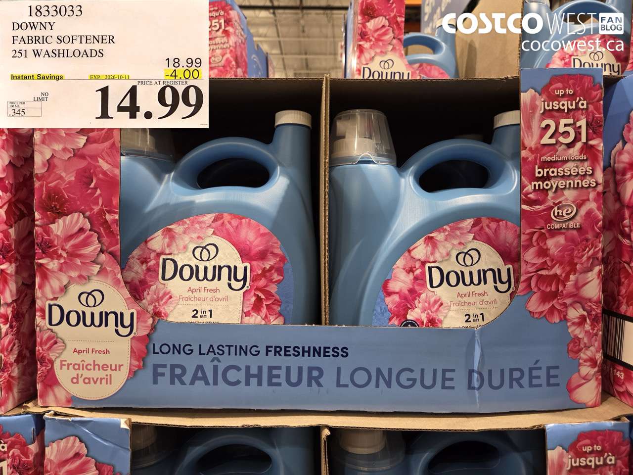 1833033 DOWNY FABRIC SOFTENER 251 WASHLOADS ($4.00 INSTANT SAVINGS EXPIRES ON 2026-10-11) $14.99